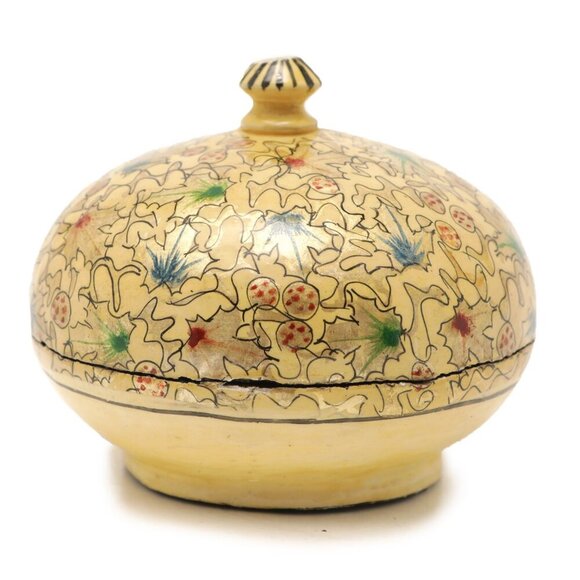 Kashmir Handmade Papier Mâchée Trinket Jewelry Box Jar Silver Leaf Yellow Black - Picture 1 of 9